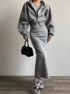 Solid Long Sleeve Zip Crop Hoodie
