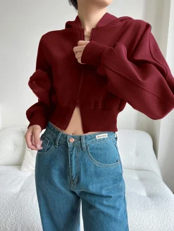 Solid Long Sleeve Zip Crop Hoodie