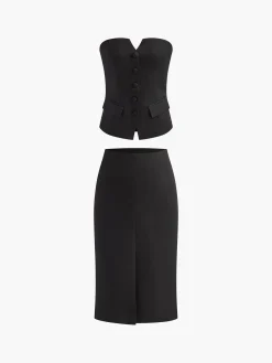 Solid Off Shoulder Split Skirt Set