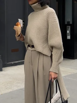 Solid Oversized Ribbed Knit High Neck Sweater