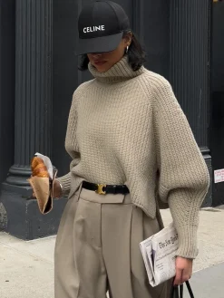 Solid Oversized Ribbed Knit High Neck Sweater