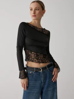 Solid Patchwork Lace Long Sleeve Top
