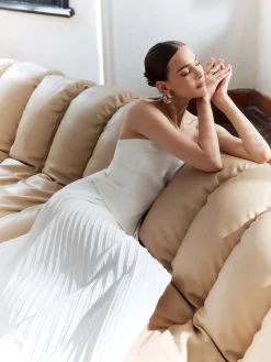Solid Pleated Strapless Split Dress
