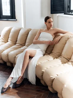 Solid Pleated Strapless Split Dress
