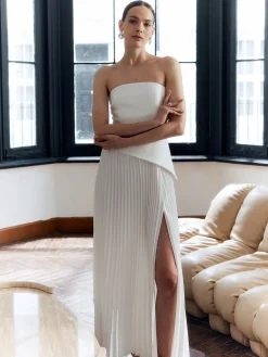 Solid Pleated Strapless Split Dress