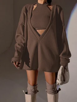 Solid Ribbed Knit Sweatshirt with Vest