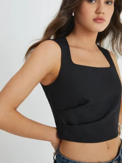 Solid Square Neck Pleated Tank Top