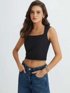 Solid Square Neck Pleated Tank Top