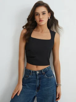 Solid Square Neck Pleated Tank Top