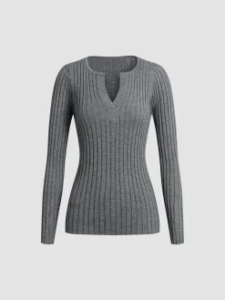 Solid Textured V-neck Knit Top