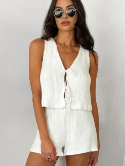 Solid Tie Front Vest With Shorts Set