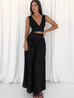Solid Tie Knot V Neck Skirt Set