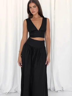 Solid Tie Knot V Neck Skirt Set