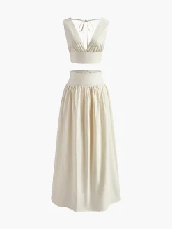 Solid Tie Knot V Neck Skirt Set