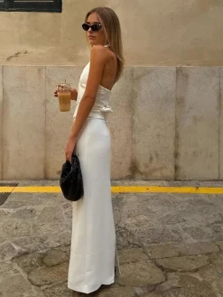 Solid V-Neck Backless Tie Up Halter & Split Maxi Skirt Set