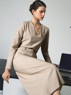 Solid V-neck Belted Two Piece Skirt Set
