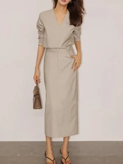 Solid V-neck Belted Two Piece Skirt Set