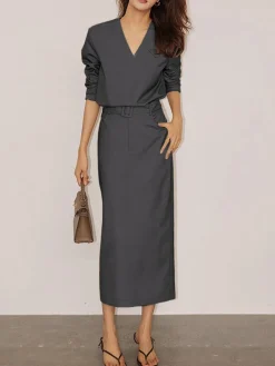 Solid V-neck Belted Two Piece Skirt Set
