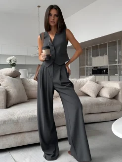 Solid V-Neck Waistcoat With Wide Leg Pants Set