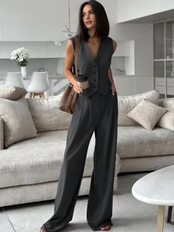 Solid V-Neck Waistcoat With Wide Leg Pants Set
