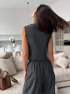 Solid V-Neck Waistcoat With Wide Leg Pants Set