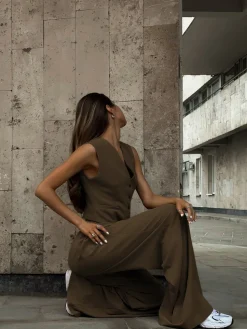 Solid V-Neck Waistcoat With Wide Leg Pants Set