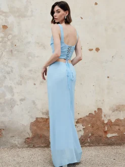 Split Chiffon Lace Up Skirt Set
