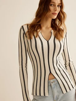 Split Pinstripe Slim Knit Top