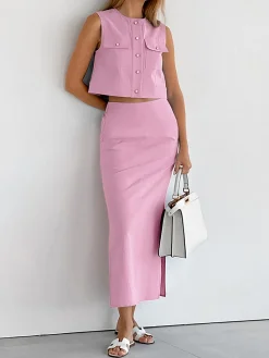 Split Pockets Sleeveless Skirt Set