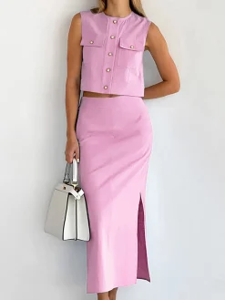 Split Pockets Sleeveless Skirt Set