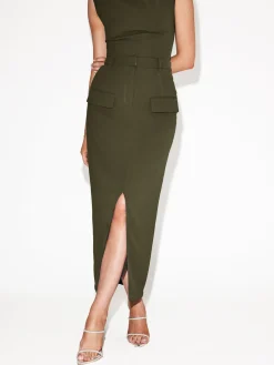 Split-front Solid Midi Skirt
