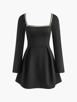 Square Collar Beaded Decor Pleated Dress