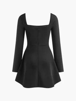 Square Collar Beaded Decor Pleated Dress