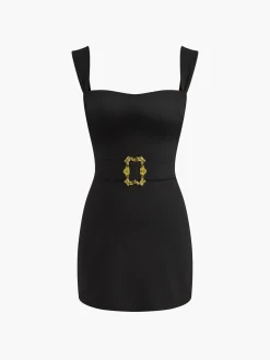 Square Neck Belted Short Dress
