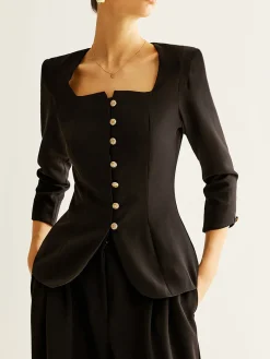 Square Neck Button Down Slit Blouse