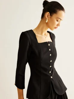 Square Neck Button Down Slit Blouse