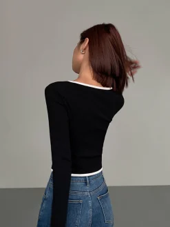 Square Neck Contrast Trim Long Sleeve Knit Shirt