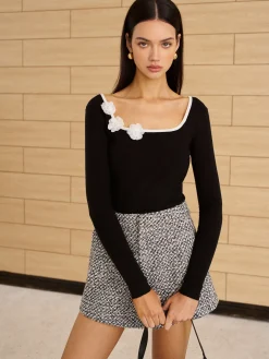 Square Neck 3D Flower Knit Top