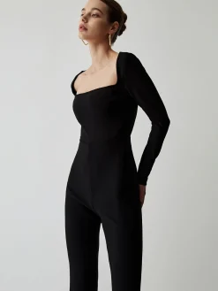 Square Neck Long Sleeve Flare Jumpsuit