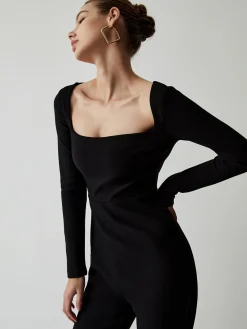 Square Neck Long Sleeve Flare Jumpsuit