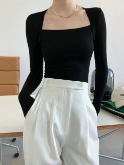 Square Neck Solid Long Sleeve Shirt