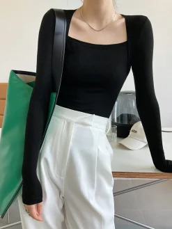 Square Neck Solid Long Sleeve Shirt