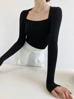 Square Neck Solid Long Sleeve Shirt