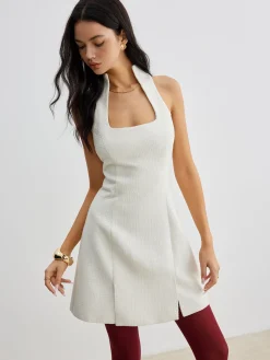 Square Neck Tweed Zipper Dress