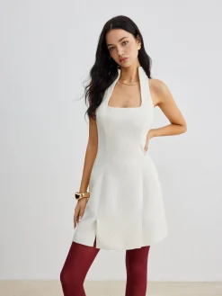 Square Neck Tweed Zipper Dress