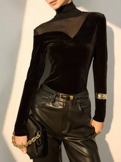 Stacking Neck Sheer-Detail Velvet Blouse