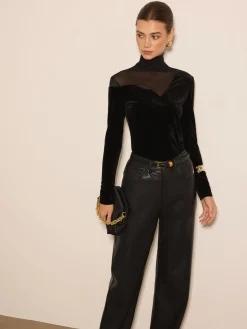 Stacking Neck Sheer-Detail Velvet Blouse