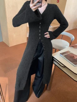 Stacking V-Neck Split Breasted Sweater Dress