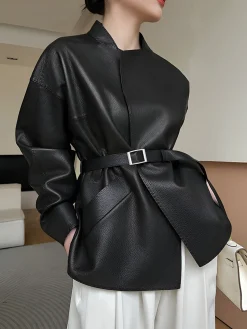 Stand Collar Belted Faux Leather Jacket