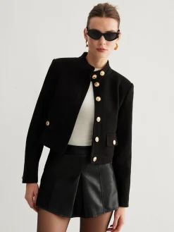 Stand Collar Button Tweed Short Jacket